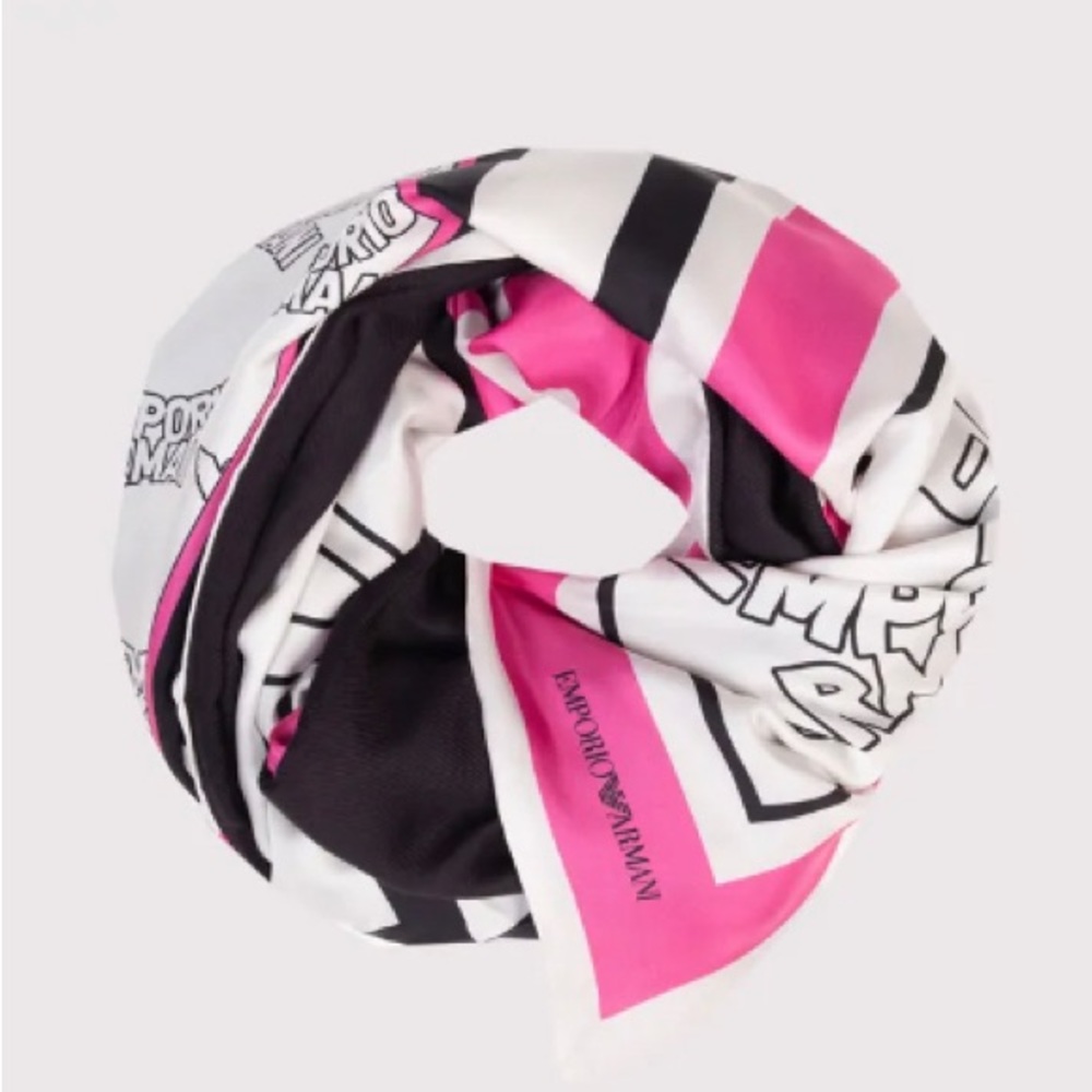 RRP €300 EMPORIO ARMANI Silk Satin Scarf Logo Print Double Layered Made in Italy